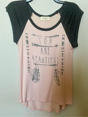 Moon child Pink and Gray Raglan Tee - 'You Are Beautiful' Graphic Small
